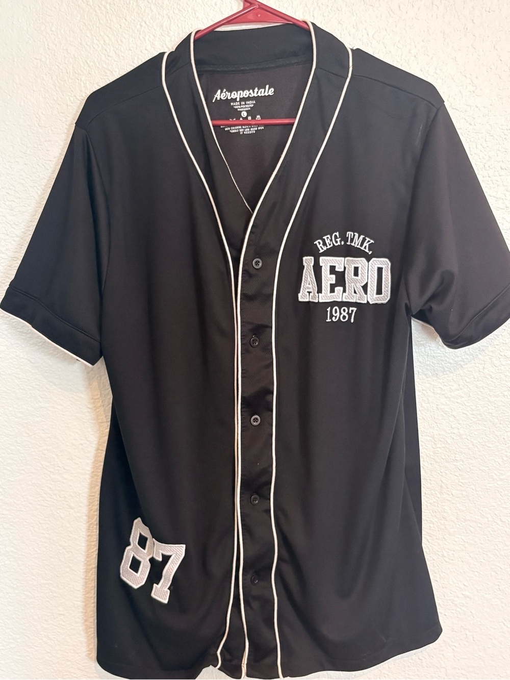 Aeropostale Black Short-Sleeve Baseball Jersey with embroidered White Trim